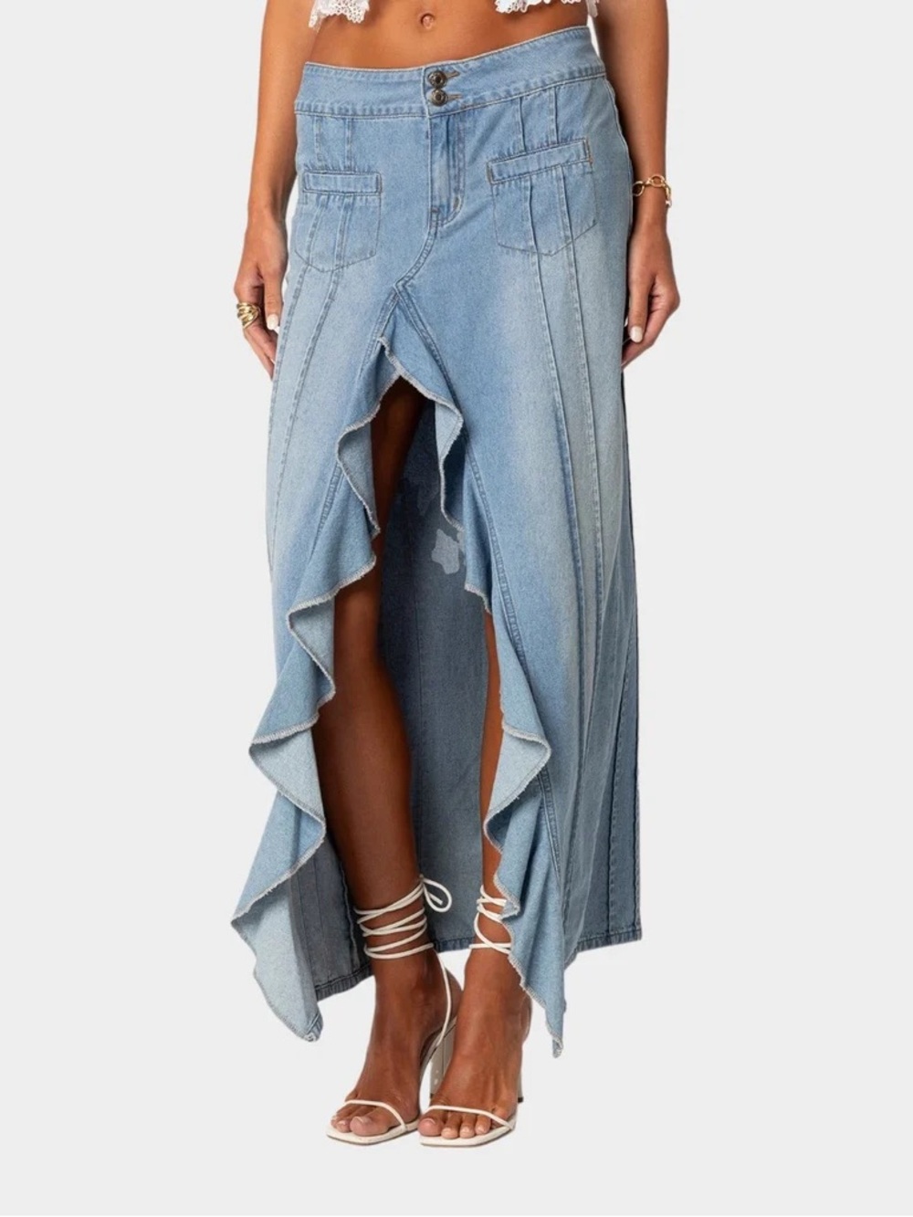 Edikted Valencia Ruffle Slitted Denim Maxi Skirt- NWT